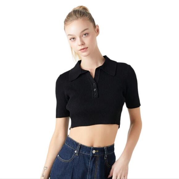 Grey Lab Black Ribbed Knit Polo Crop Top with Side Slit Collar Women's Small - Picture 1 of 12